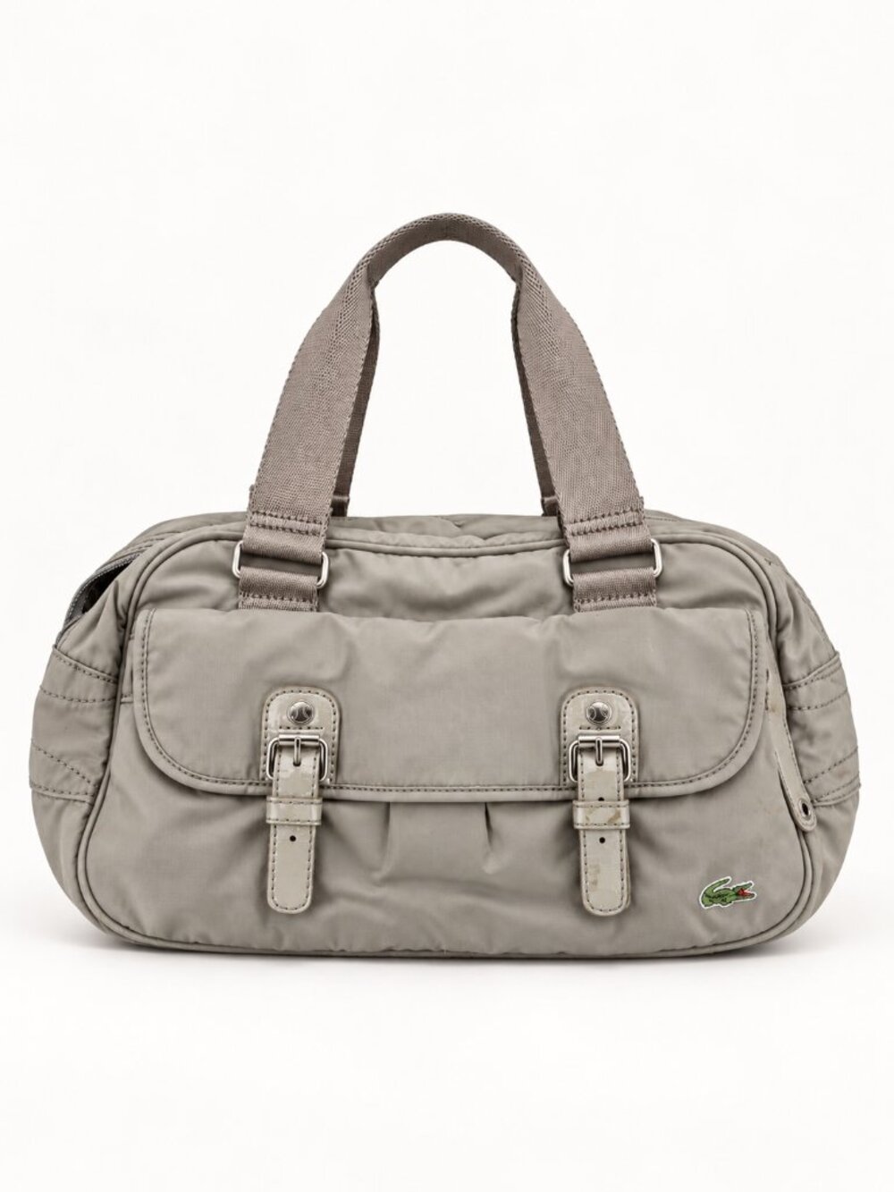 Lacoste Sorbonne Shine Gray Nylon Patent Leather Double Buckle Shoulder Bag